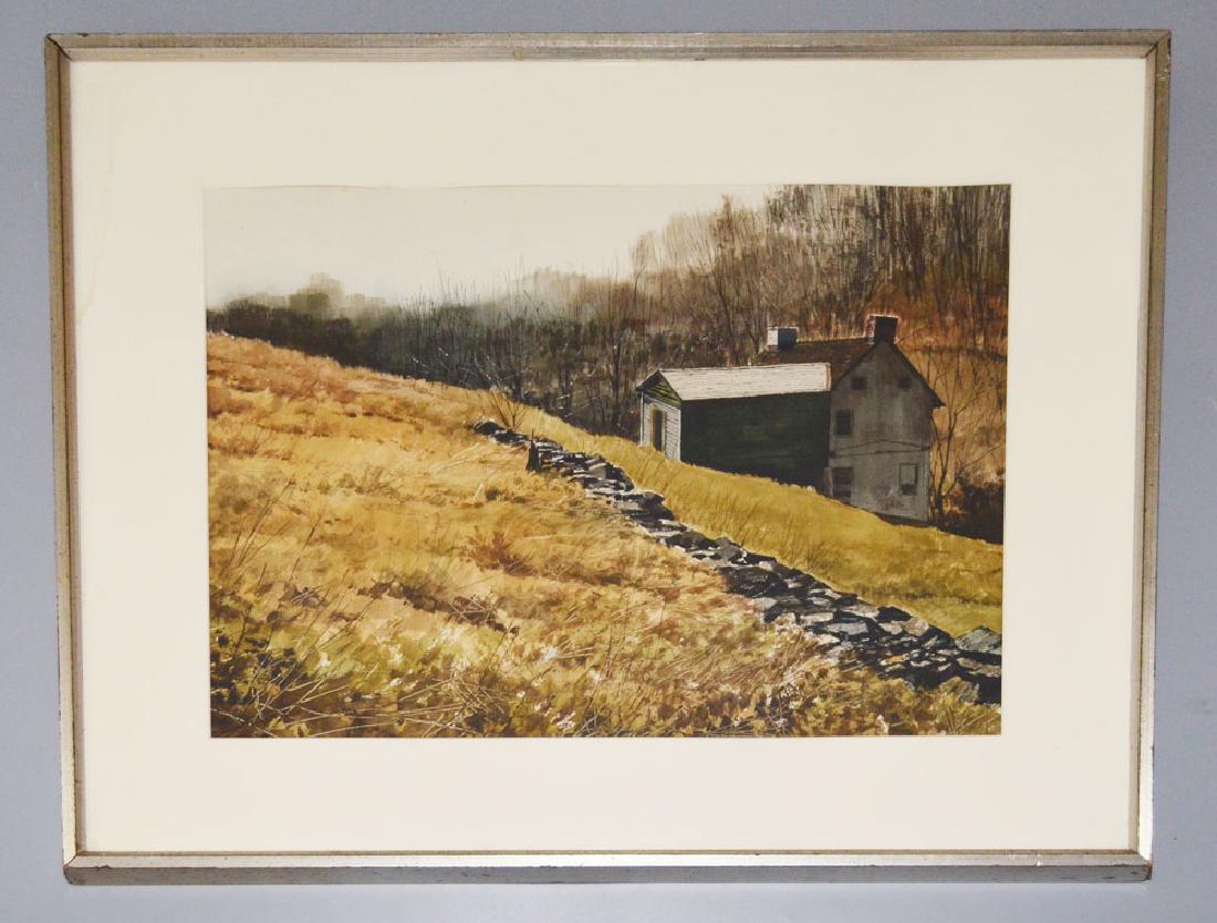 M. Rocco Serene Country House Watercolor Painting: In the manner of Andrew Wyeth. Frame: 31.25" x 25.25" image sight: 22 3/8" x 16 3/8"