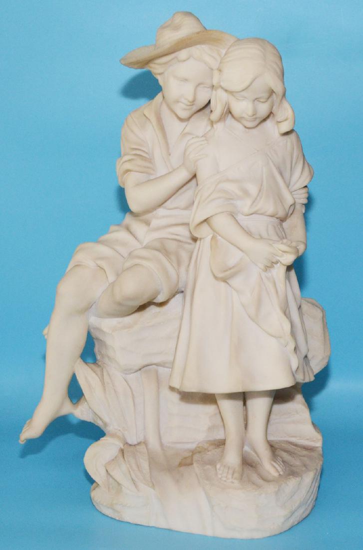 Carved Marble Statue of a Boy & Girl: Measures approx. 22.75" tall x approx. 14" long x 7.5" deep at the base.