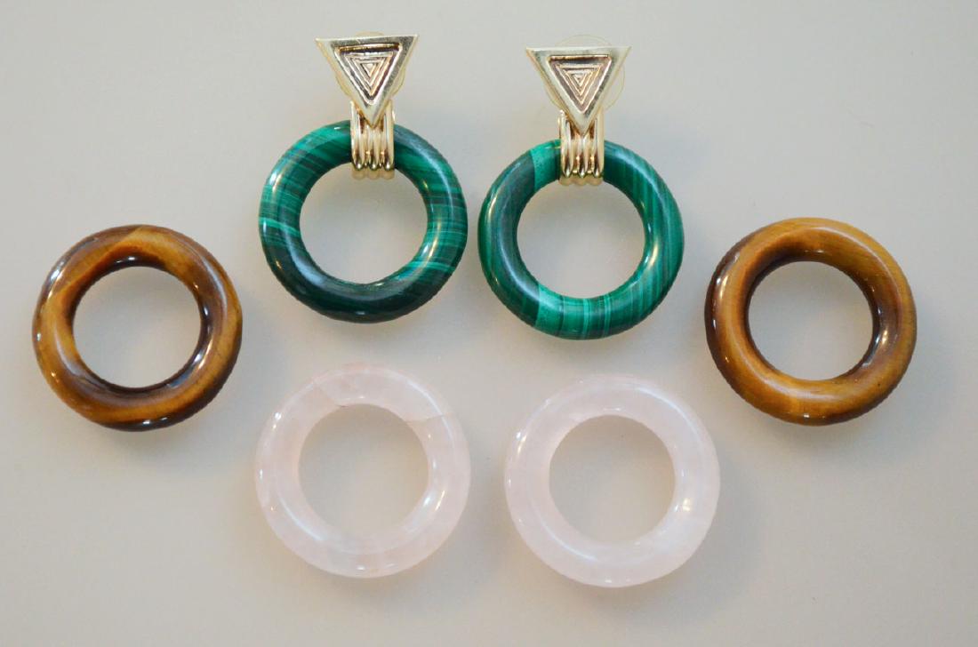 Interchangeable 14k Gold Doorknocker Earrings: Includes malachite, rose quarts (one may be repaired) and Tiger eye.
