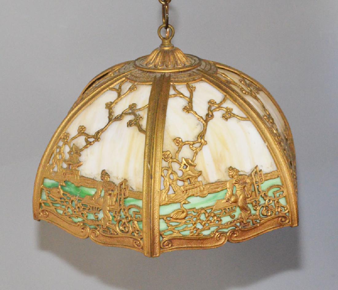 Chinoiserie Slag Glass Hanging Light Fixture: Measures 16.25" across the base on a diagonal x approximately 10" tall to the top of the loop for chain.