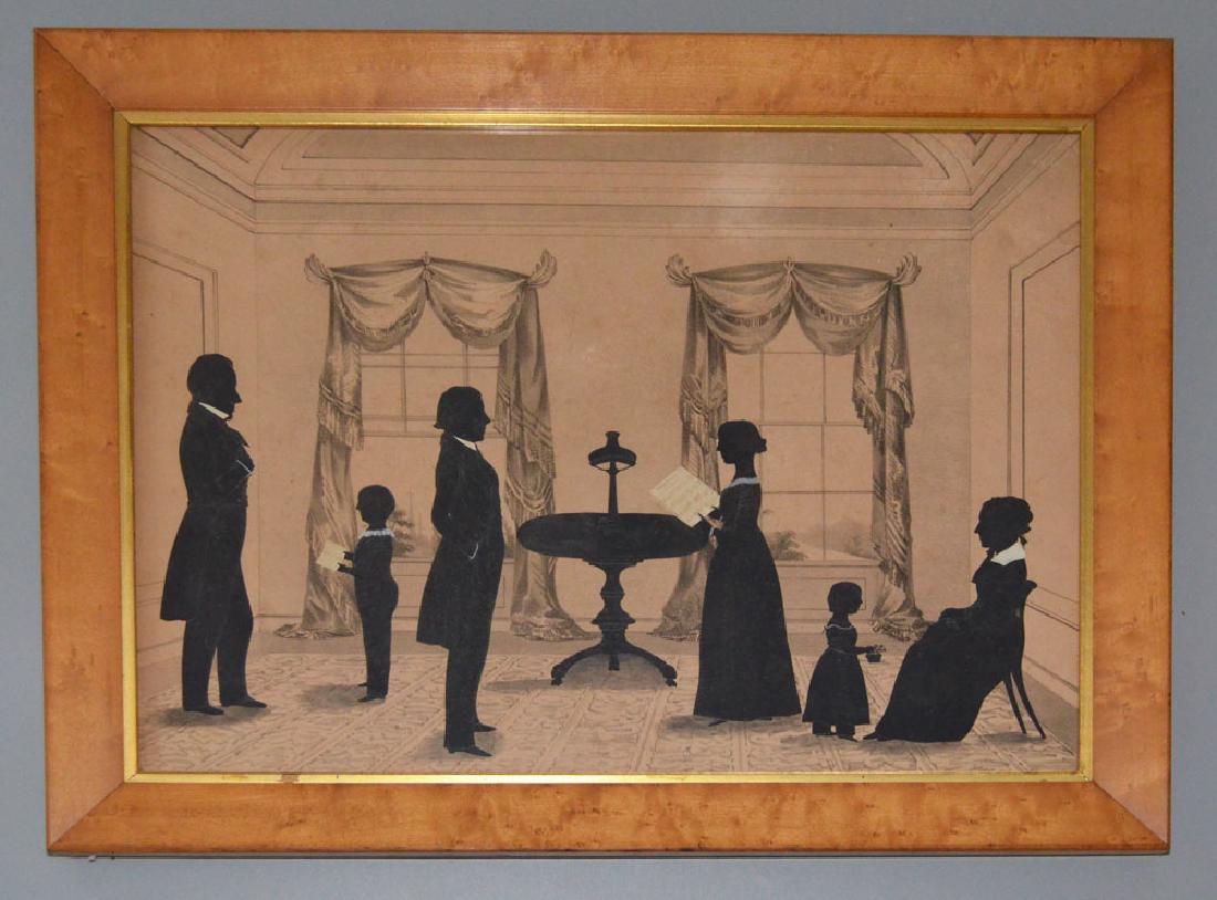 Unique Family Silhouette Cut Out: The figures are cut and pasted. The background upon close examination appears to be a lithograph. Is is also hand signed, but the ink has faded and is illegible appears to say New Haven. Frame: 22 5/8
