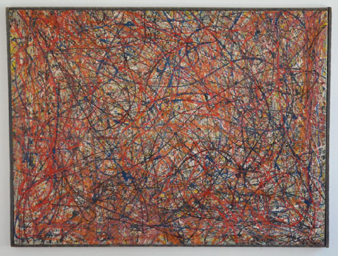 A Large Abstract O/C Painting Signed Pollock: Measure 49.25" x 36 7/8" canvas alone 36" x 48". Repair to center portion. This painting has been kicking around for years and has never been offered to the public. Spotted in the back of a truck at a
