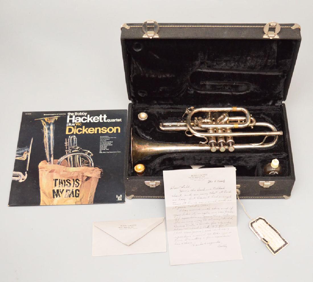 Bobby Hackett's Vincent Bach Coronet: Stradivarius Model 37 Vincent Bach Mt. Vernon NY coronet with a letter and record from Bobby Hackett.