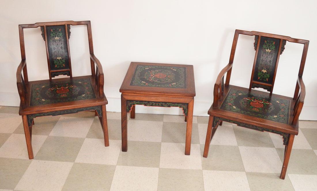 Unusual Chinese Rosewood Hand Painted Chairs & Table: Chairs measure 33 5/8" tall x 23.5" long x 20.75" deep with a seat height of 15.75". Table measures 20.75" tall x 20.5" square at the top. In nice overall estate found condition, has water staining to