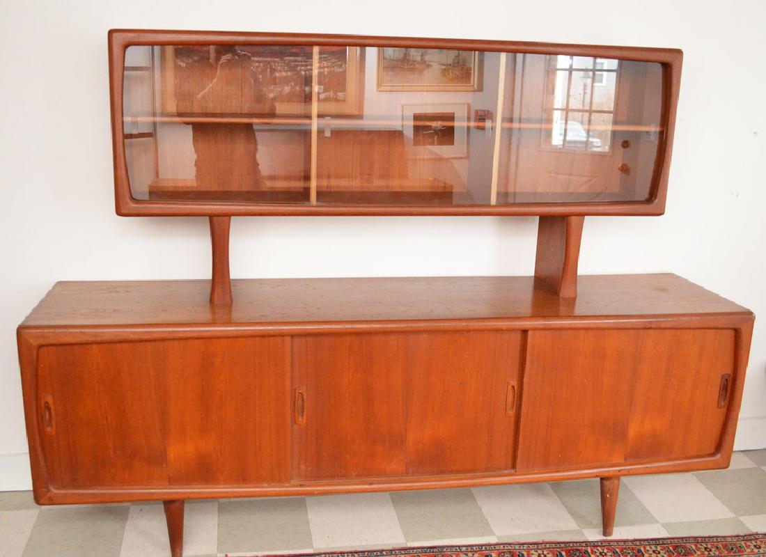 Stunning Mid Century Danish Credenza Signed H.P.: Measures 86.5" long x 20" deep x 62" tall total. Upper portion measures 66.5" long x 12" deep. Very nice overall condition, has some water staining to top.