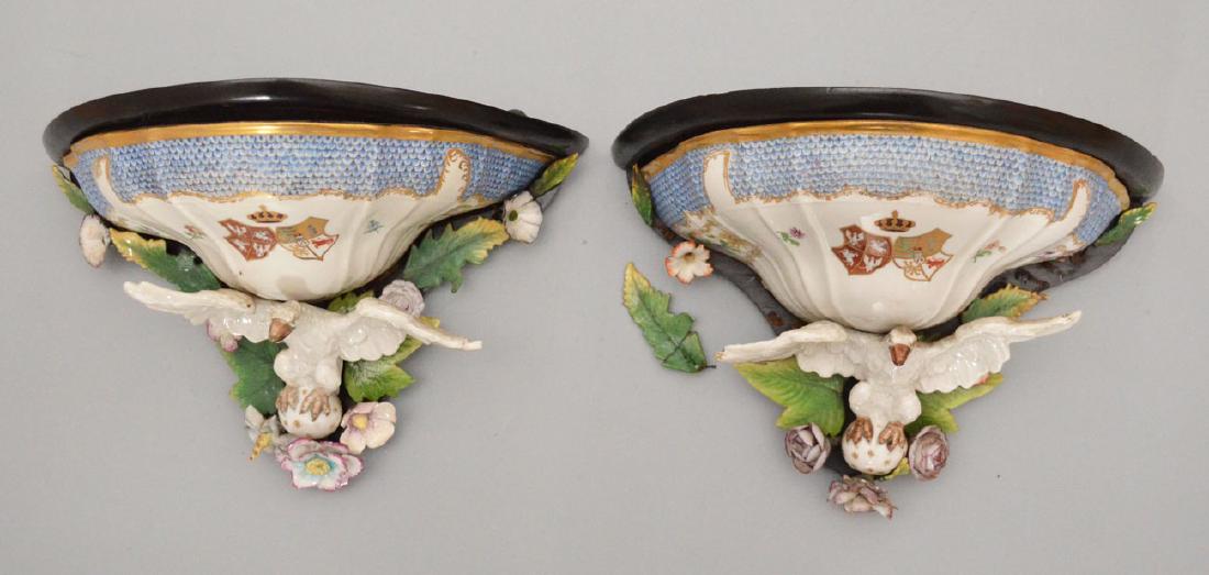 Pr of Armorial Crest & Eagle Wall Brackets Edme Samson?: Brackets measures 6.25 inches tall by 11 inches long by 6.75 inches deep. A leaf and a flower have come off, there are some flicks to the flowers