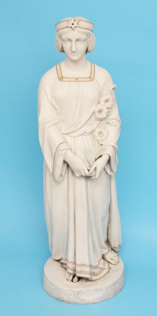 Lg Copeland "Chastity" Parian Porcelain Figure: Civil War Era with inscription "J. Durham, SC, Pub Sep 1865" signed Copeland. Measures 25 1/8" tall x 7.75" diameter at the base. Has a repair to crown, has a few hairlines.