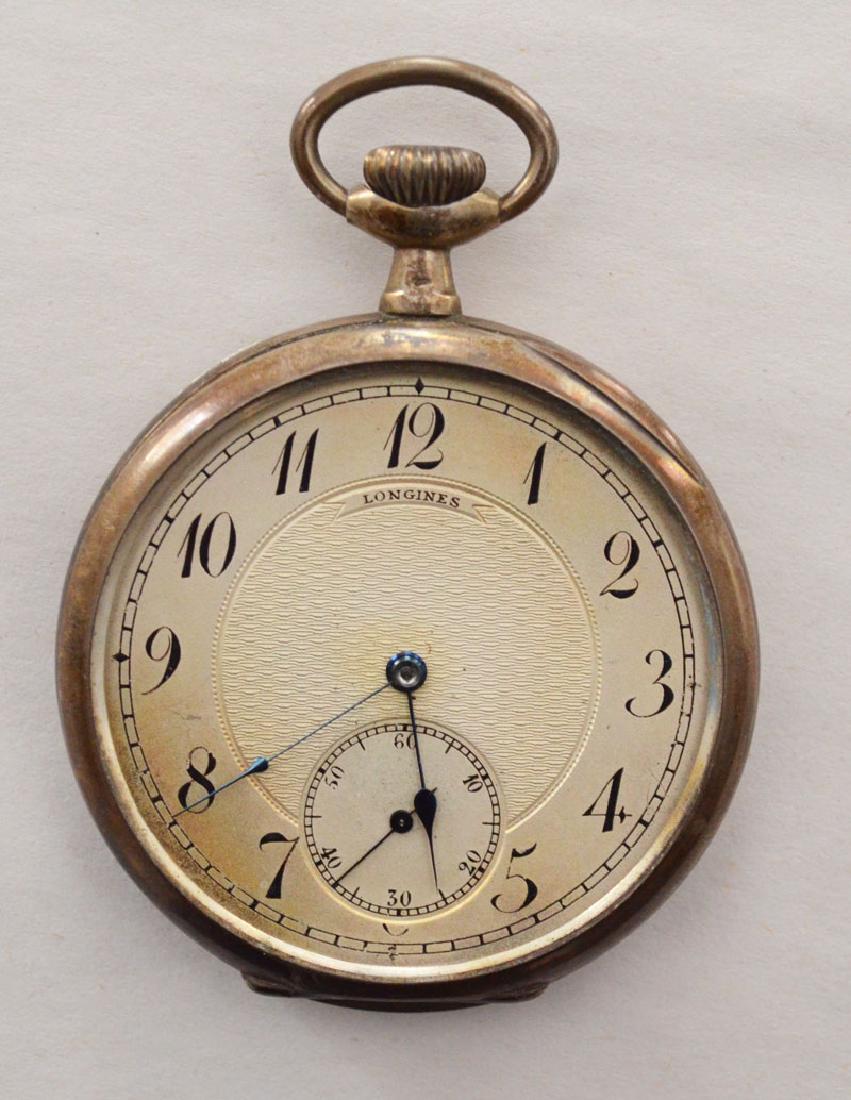 Hard To Find Men's Longines 800 Silver Pocket Watch: Care measures 1 7/8" diameter, crystal has a chip. Back says: Longines 5 Grande Prix Paris-Anvers-Paris Milan Bruxelles. Not running.