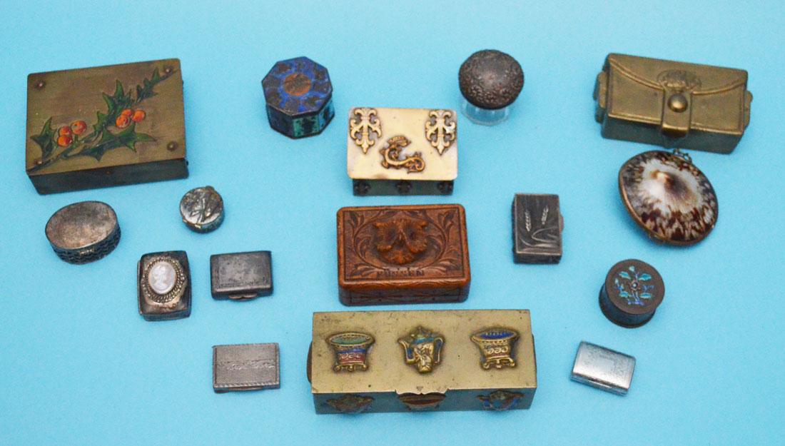 Lot of Antique Pill Boxes (Brass, Sterling, Etc.): Lot includes: 4 sterling pill boxes (basket weave, mother of pearl cameo, 1.25"x7/8" to 1.5"x1"), a repousse "silver Made in Portugal" pill box (1.5"x1"), 2 Chinese enamel boxes, 3 stamp boxes (brass 