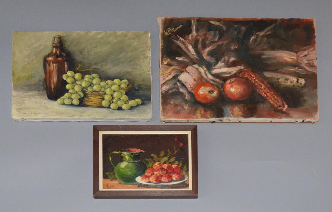 Nice Lot Of Small 3 Signed Still Life Paintings: Marion Brow, Westport, CT 1958 (16.25" x 12.25"), Jane E Hyde (14" x 10 1/8"), and Mario (Frame: 10 3/8" x 7 7/8").