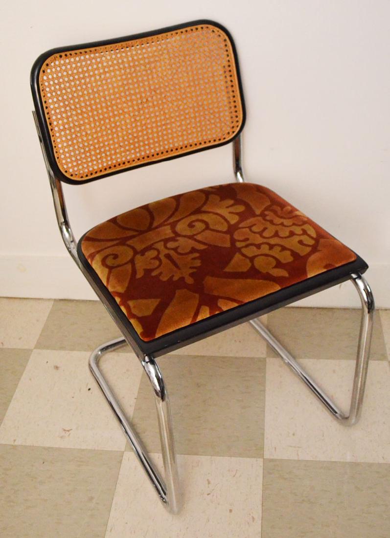 8 Breuer Cesca Side Chairs With Jack Lenor Larsen: Chairs measure 31.25 inches tall by 18 inches wide by 21 inches deep with a seat height of 18 inches. Great overall condition, minor wear.With Knoll fabric sticker on bottoms