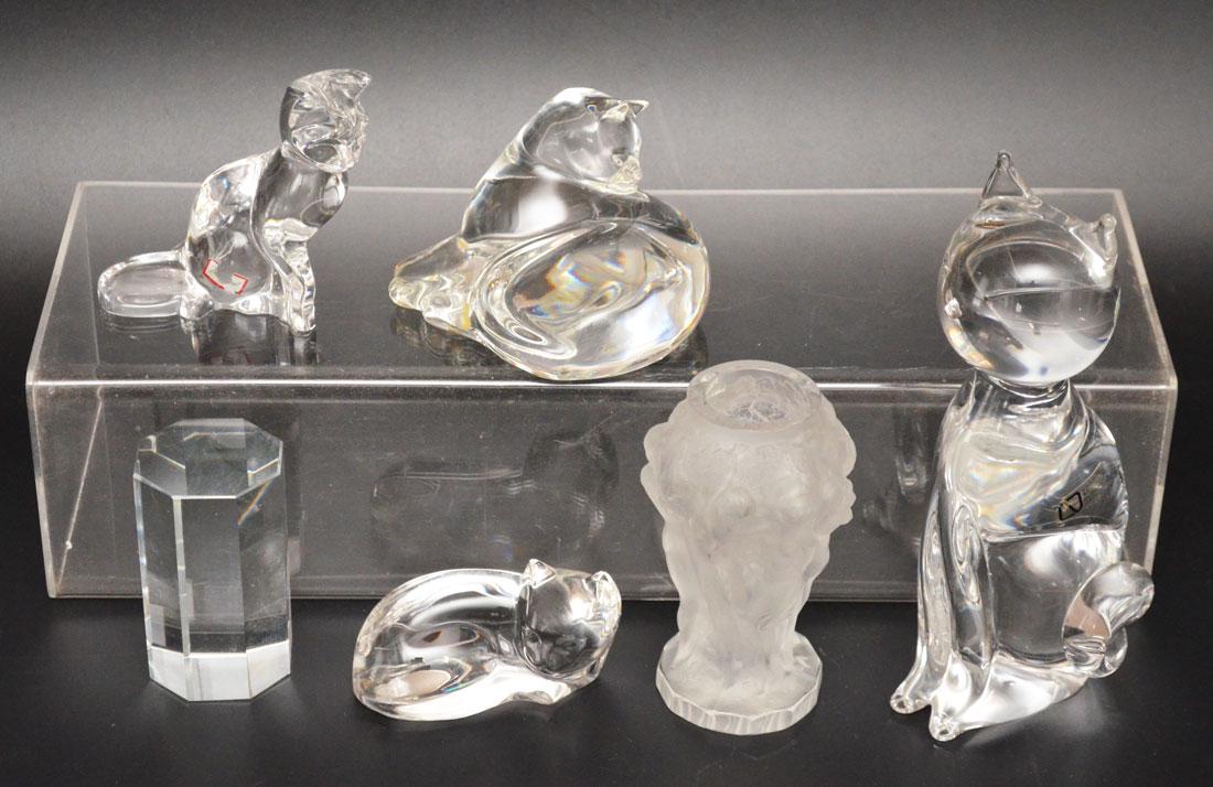 Vintage Glass Lot ( Baccarat , Tiffany , Val St Lambert: Lot includes: Baccarat cat laying (Approx. 2.5" tall x 4.5"l), Baccarat sitting cat (3.75" t), Val St. Lambert cat (2"t), Czech frosted glass vase (5.25"t), Tiffany & Co paperweight (3.5"t) and a V Na