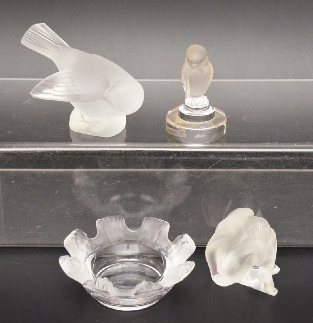 Great Lot Of Vintage Lalique ( Birds, Nudes ): Lot includes: Sparrow (3"t), hawk paperweight/seal(3"), Assis nude figure (2.5") and St. Nicholas cherub face dish (4 3/8" diameter).