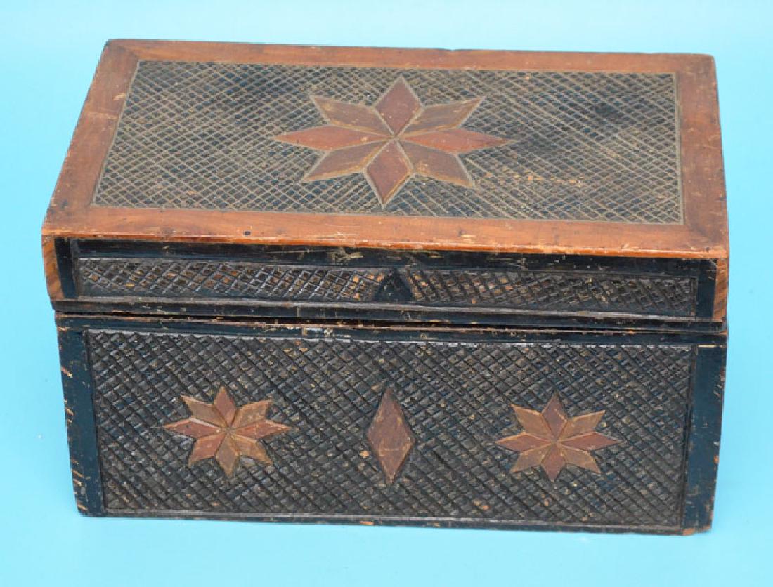 Antique Carved Wooden Box: Measures 5 5/8" tall x 10.25" long x 5.75" deep. With cross-hatch design and star, diamond design.