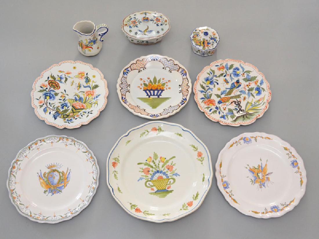 Lot of French Faience Pottery (Rouen, Quimper): Lot includes: Quimper miniature tureen (6.25" x 4" x 4.25"t), Rouen creamer ( 4 7/8"t), Tiffany & Co covered box (3.5" across), 2 ornate plates 9 3/8"d), 2 Atelier de Segries Moustiers plates (10"d),