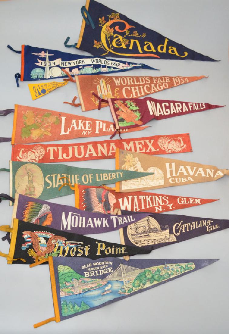 Lot of Vintage Travel Banners: Banners include Canada, 1939 New York world‘s fair, 1934 Chicago world‘s fair, Niagara Falls, Lake Placid New York, Tijuana Mexico, Havana Cuba, Statue of Liberty, Watkins Glen New York, Catalina 