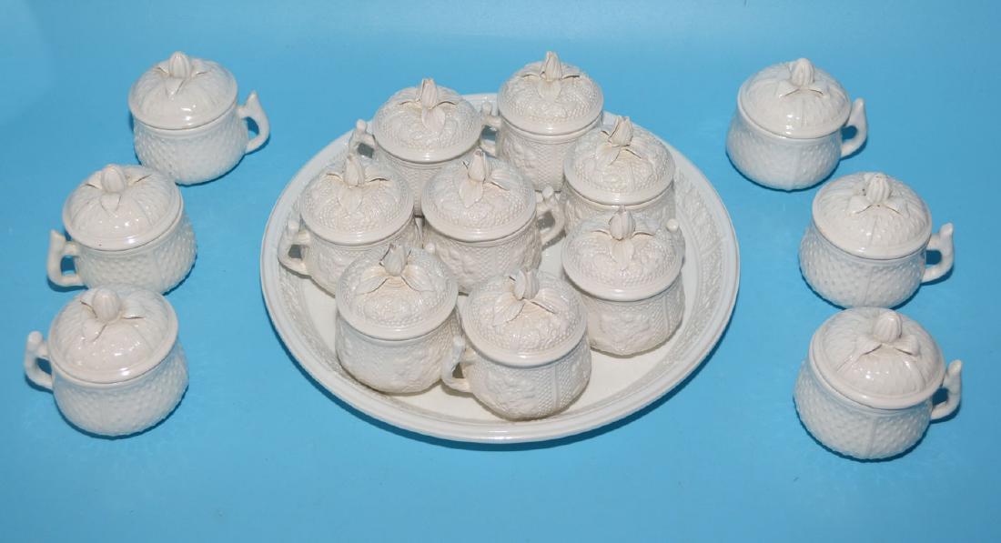 Mottahedeh Design Pots de Crème: Underplate measures 11 1/8" diameter with 8 matching cups (3.5" tall) and 6 similar cups (3.5"tall),