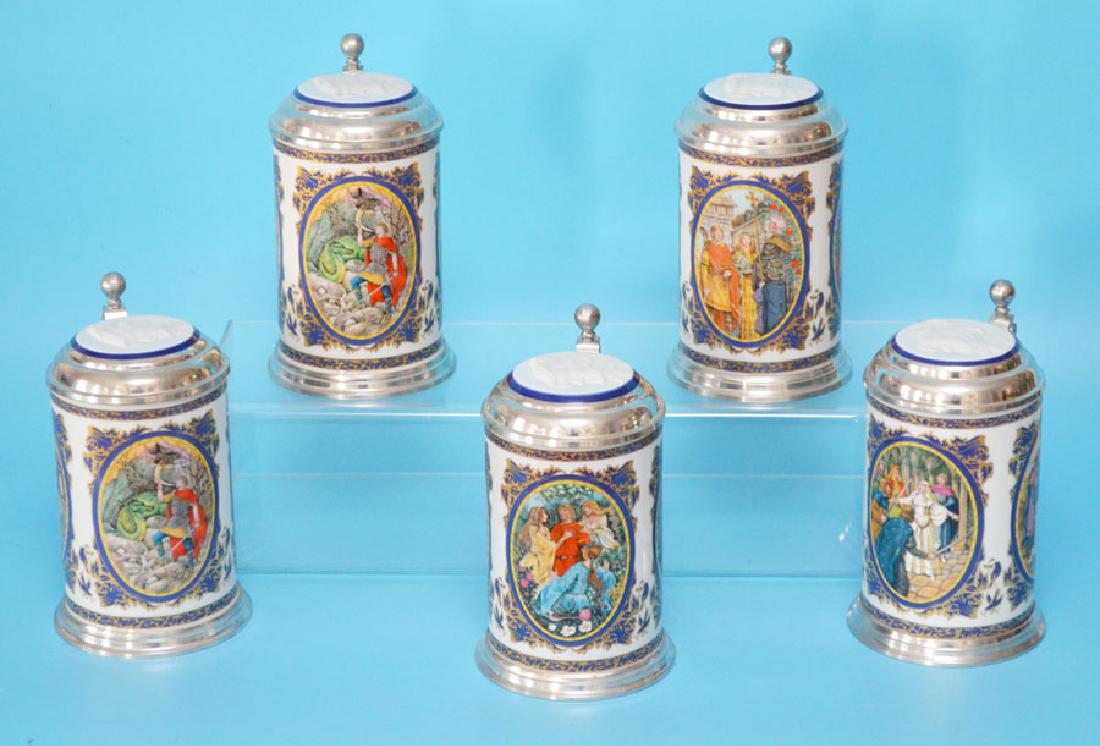 5 Limited Edition Heinrich Porcelain Steins: Limited Edition Richard Wagner steins. Lot includes 2 Siegfried's, Parsifal, Lohengrin and Tannhauser. They measure 7" tall at tallest points