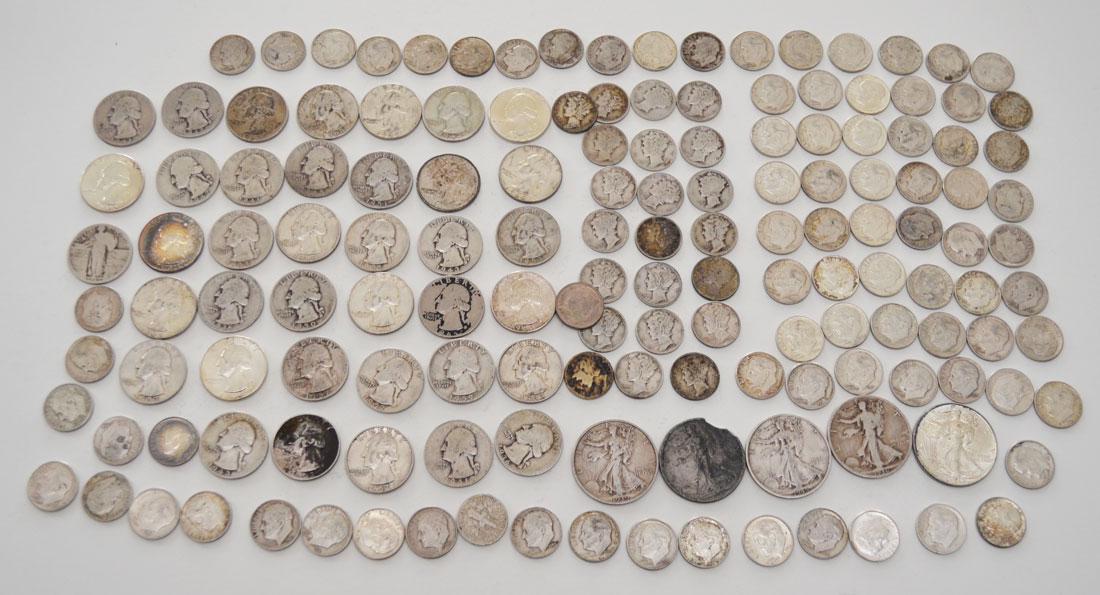 Large Lot of American Silver Coins: Lot includes: 5 walking liberty, approx. 37 silver quarters, standing liberty quarter, 23 mercury dimes, and 84 Roosevelt Dimes