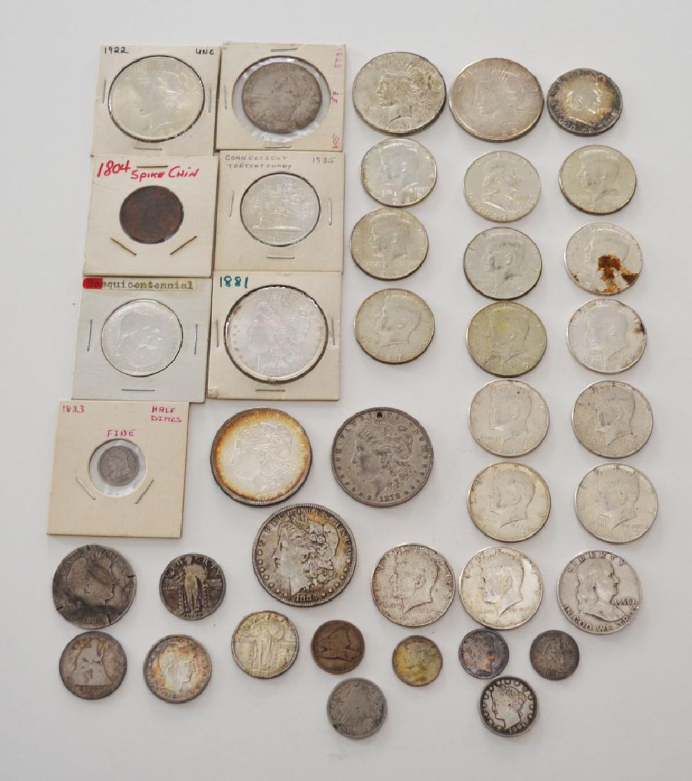 Large Collection of Mostly Silver American Coins: Lot includes 1935 Connecticut Tercentenary Coin, 1804 spike Chin Liberty Half Cent, Sesquicentennial coin, 1833 half Dime, four Morgan silver dollars, 14 Kennedy silver dollars, three Franklin silver 