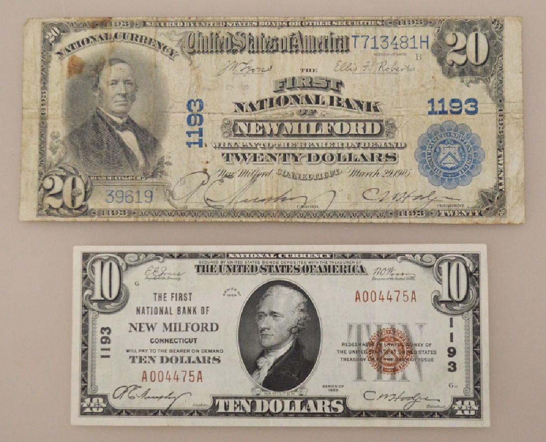 2 New Milford CT National Currency Bills + Bond: 2 New Milford CT National Currency Bills ($10 & $20) and a New England Oil & Development New Milford, CT Bond
