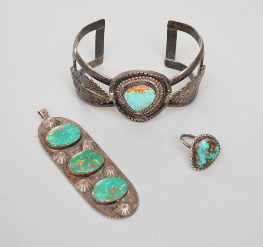 3pcs of Antique Native American Turquoise & Silver: Likely Native American, all unsigned. Lot includes a cuff bracelet, pendant (3 3/8"l) and a ring (approx. 6)
