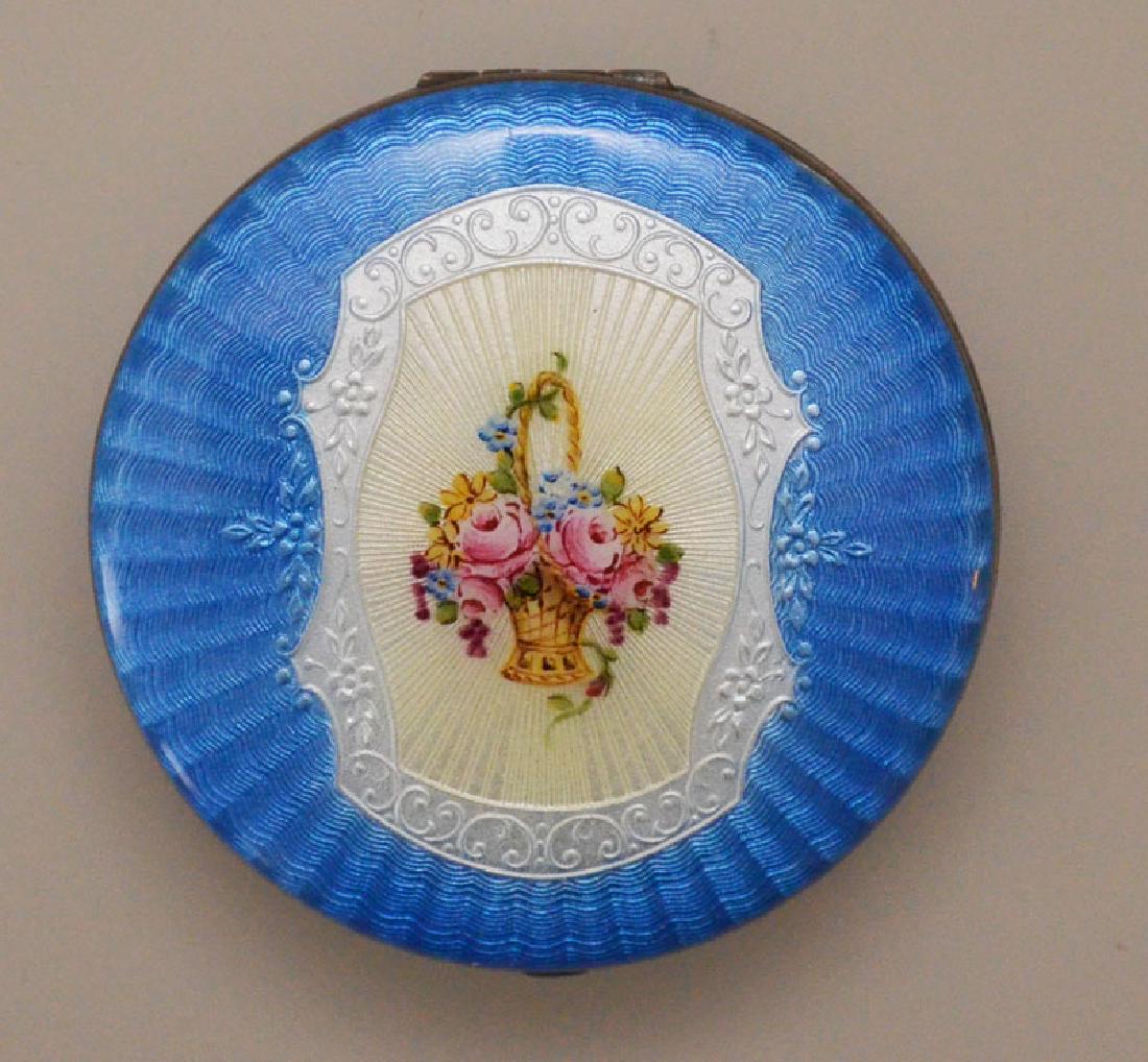 Sterling & Guilloche Enamel Compact: Measures 2 3/8" diameter.