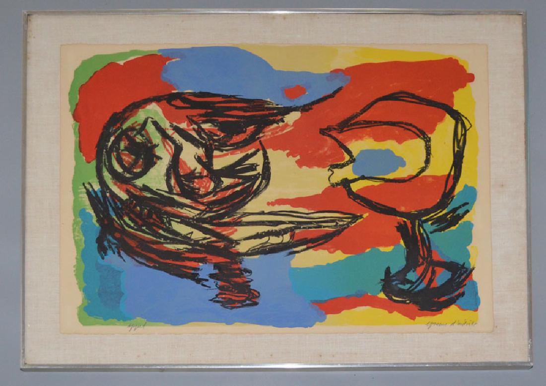Karel Appel Artist Proof Lithograph: Heads in a Colorful Landscape (1965). Frame: 35 3/8" x 27 3/8" paper: 30" x 22"