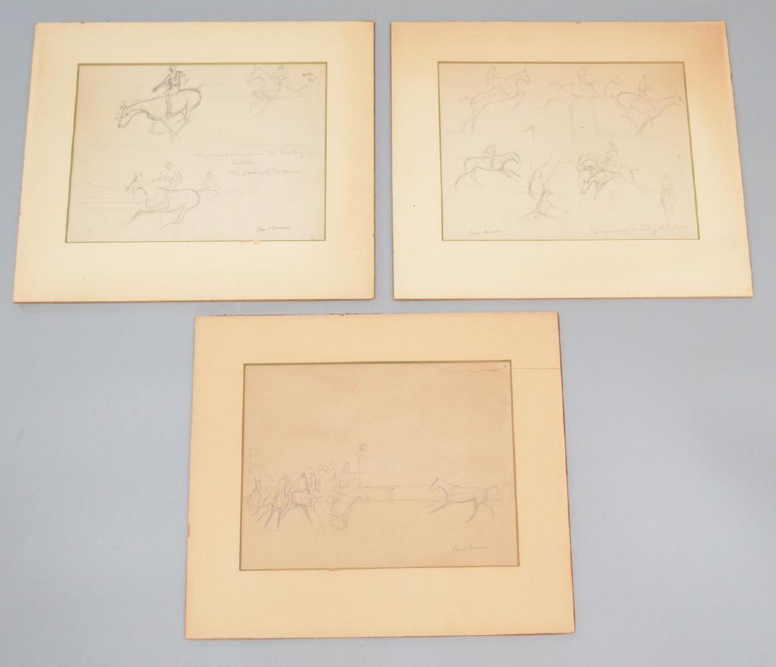 3 Pencil Drawings Signed Paul Desmond Brown: Matting: 15" x 13" image sight: 10.75" x 8.25". Dry mounted with matting affixed, all have varying levels of wear.