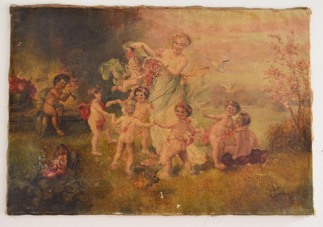 Antique Allegorical Painting On Canvas: Neoclassical style painting of a woman surrounded by Putti. Measures 28 1/8" x 19 7/8". In estate found condition with wear, a few small holes.