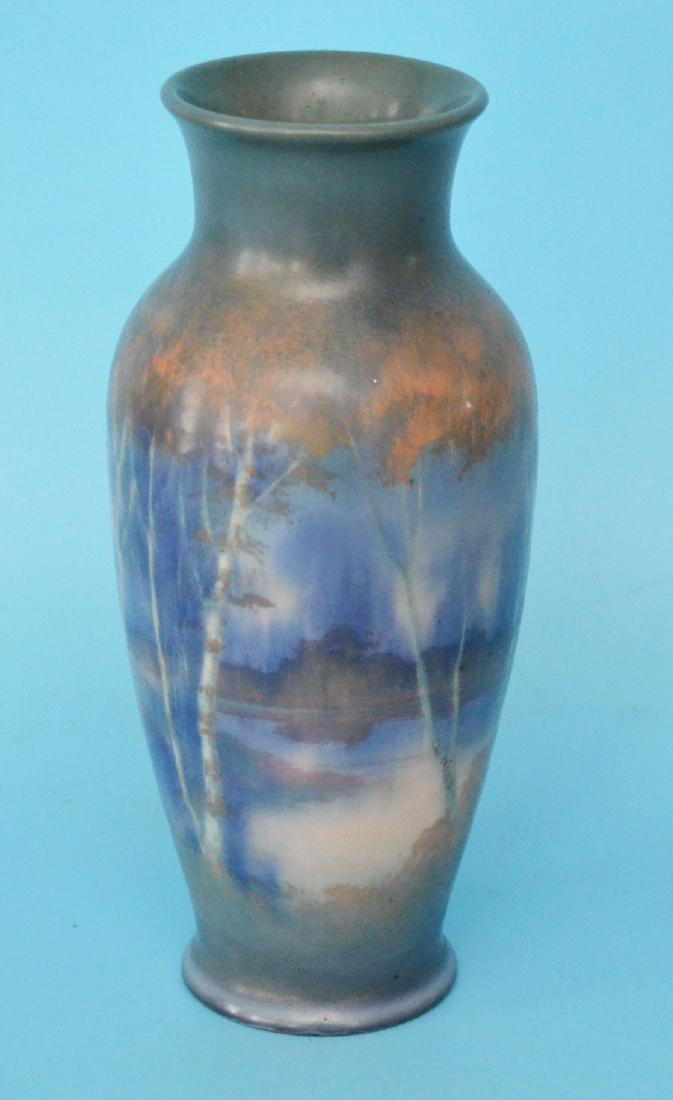 Edward Hurley Rookwood Scenic Vellum Vase: Signed Edward Hurley vellum vase with birch tree and lake scene vase. Measures 9" tall x 2 7/8" diameter at the top.