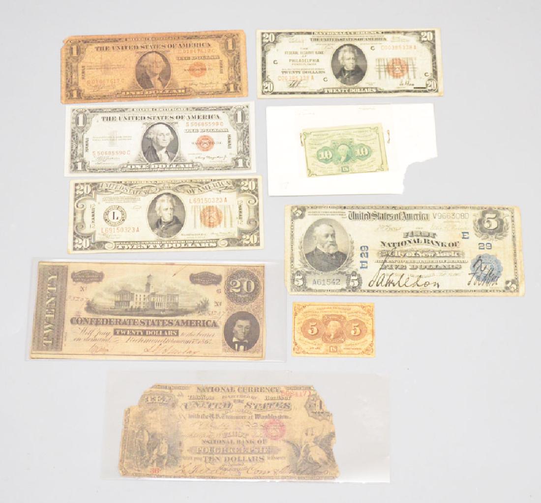 Collectible American Currency: Lot includes: Richmond 1864 Confederate $20, Hawaii 1934A $20 bill, 1935A Hawaii Dollar bill (x2), 10c Fractional, Federal Reserve Pennsylvania 1929 $20 bill, 1903 First National Bank of New York City