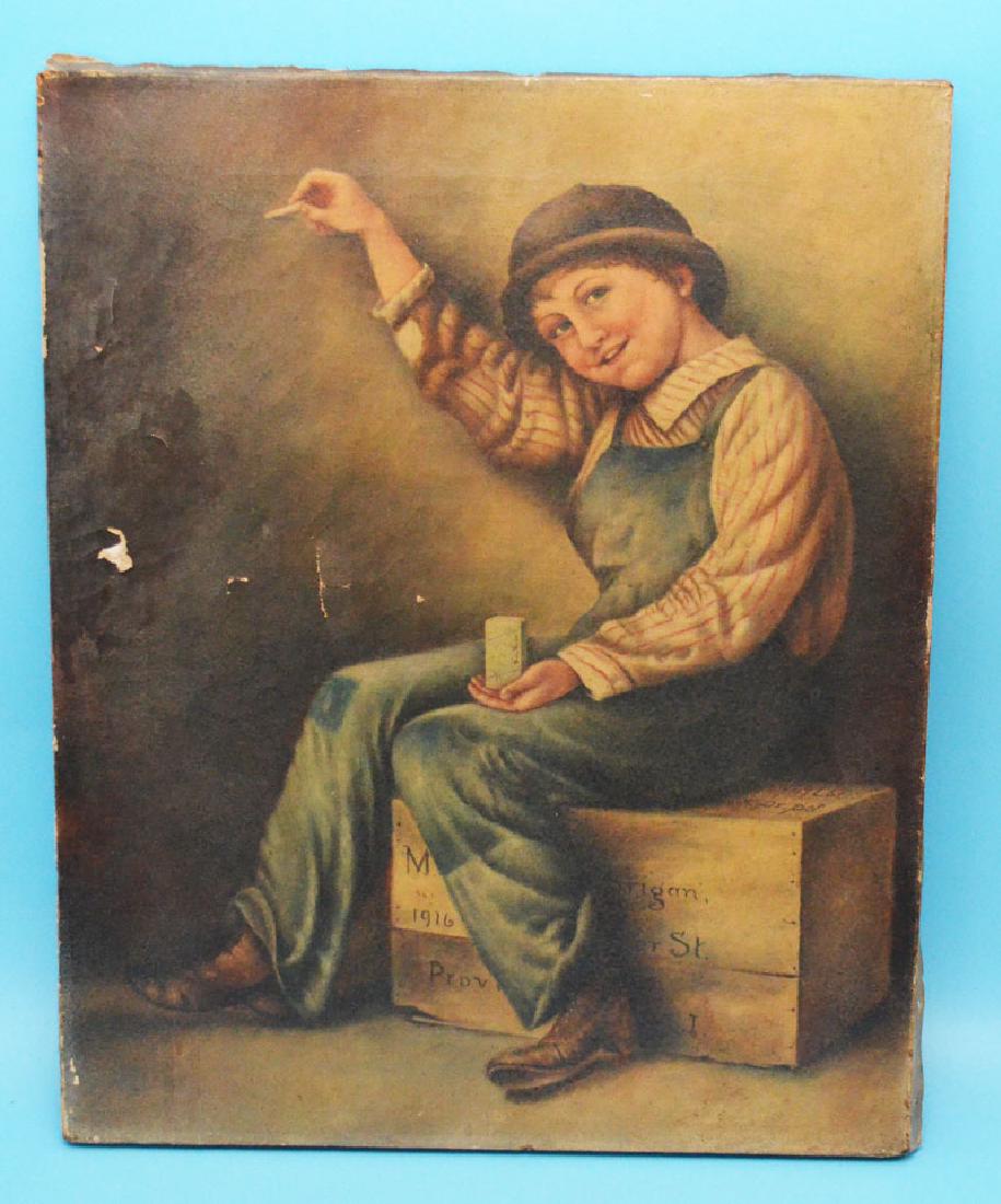 Early Painting Advertising Illustration Soapbox Boy: Boy sitting on a crate with a Bon Bons box. Providence, RI. Measures 20" x 16 1/8". Has some holes, paint loss