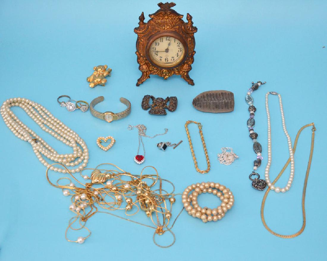 Lot of Jewelry (Inc. 14k Gold & Costume): Bulova: Gold filled, crystal is scratched, does not appear to be working, light bubbles on dial. Case measures 1.25" diameter. Costume: Lot includes: antique clocks, faux pearls, pins, chains and more