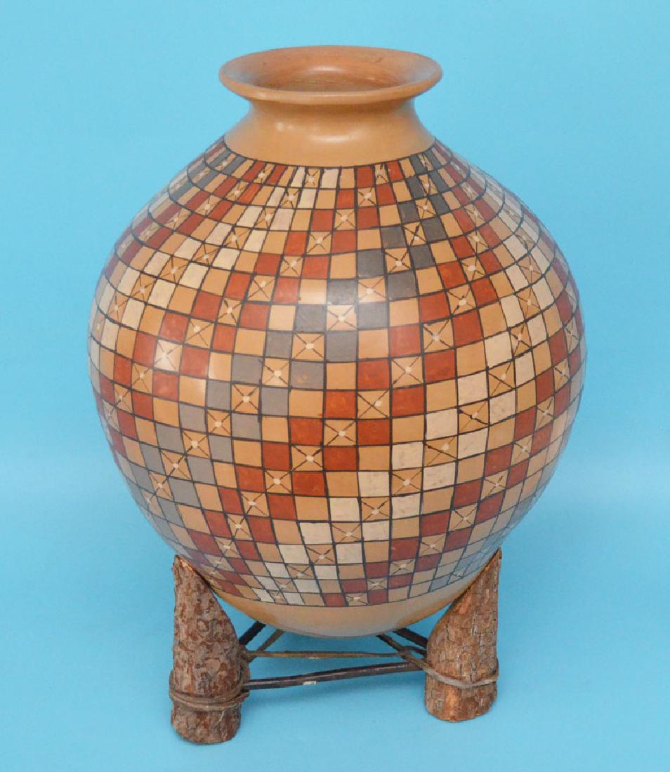 Large Benjamin Soto Signed Pottery Vessel: Pot / Vase measures 13.75 tall without base (15.5” with). Nice overall, a couple scuffs.