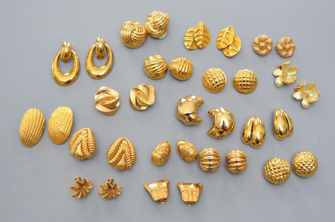 Signed Designer Gold Tone Costume Earrings: Lot includes: Coro, Ciner, Givenchy, Napier, Monet, Trifari, Joan Rivers, Metropolitan Museum of Art, Robert Lee Morris, Les Bernard, unsigned, F.O..