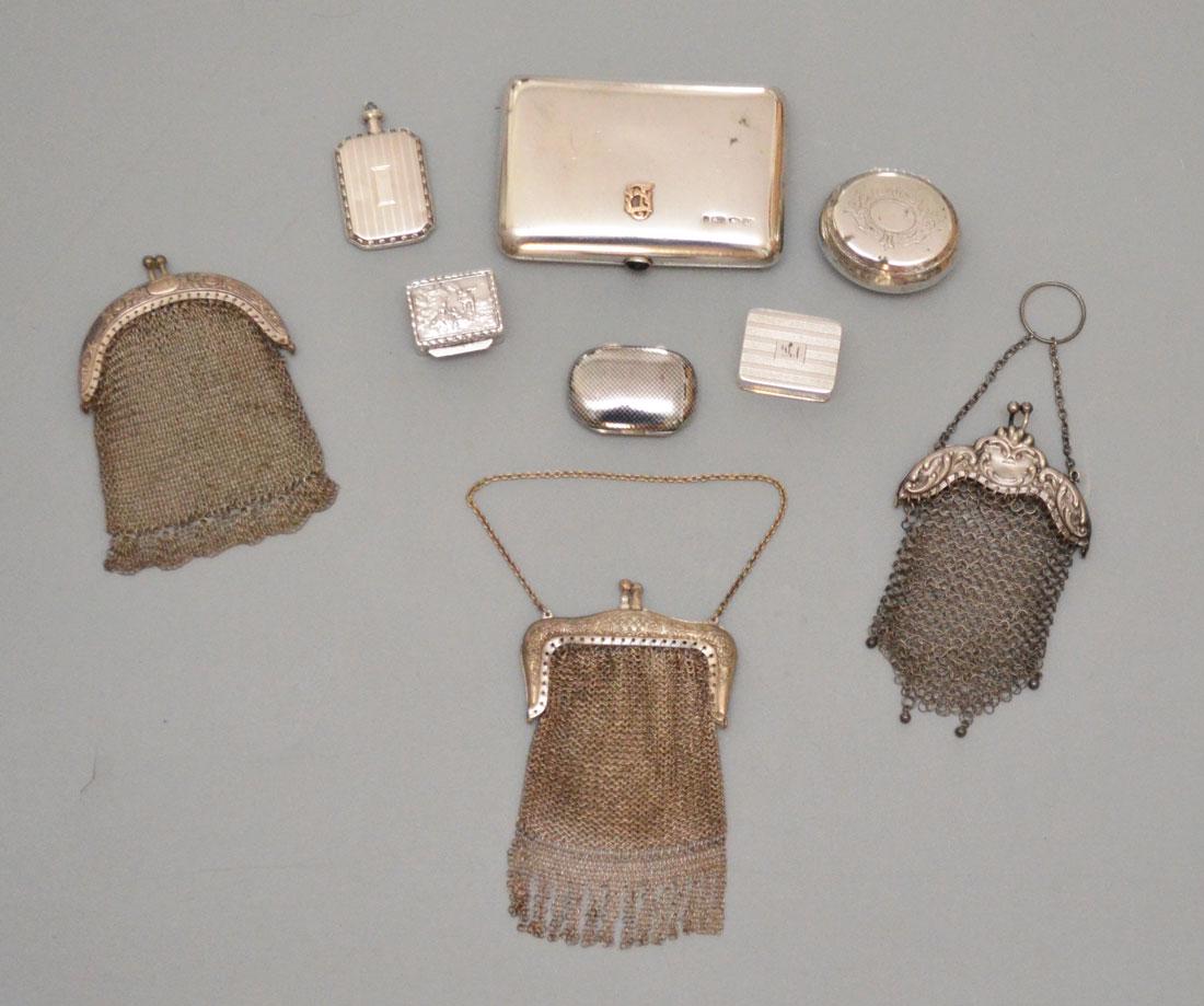 Lot of Sterling Silver Lady's Accessories: Lot includes: 3 mesh purses (one signed sterling), 4 pill boxes, a perfume and a 875 silver Russian change compact with gold cipher (3.5" x 2.25").
