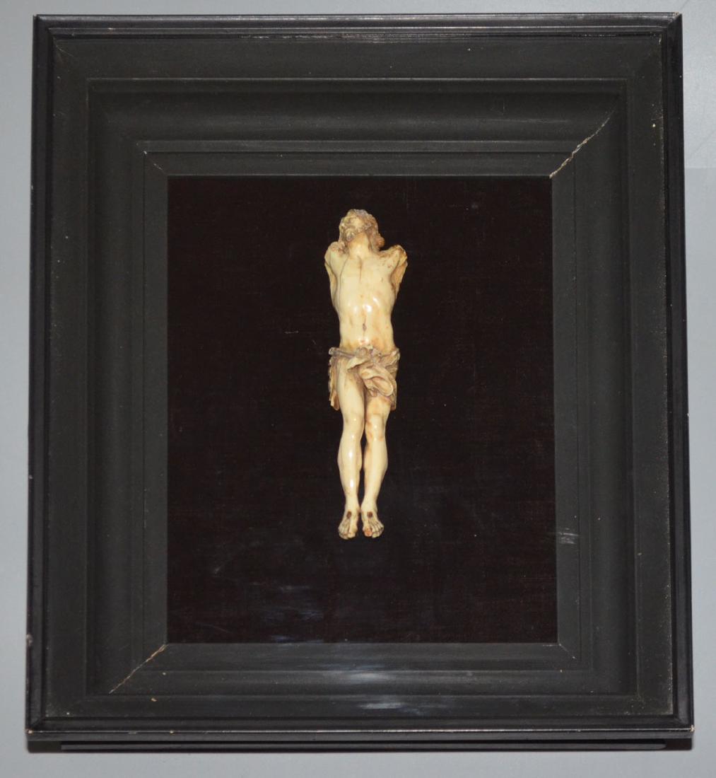 Emotive 18th Century Carved Jesus in Shadow Box: Shadow box measures 13 7/8" x 11 7/8". Jesus measures approximately 6.5"