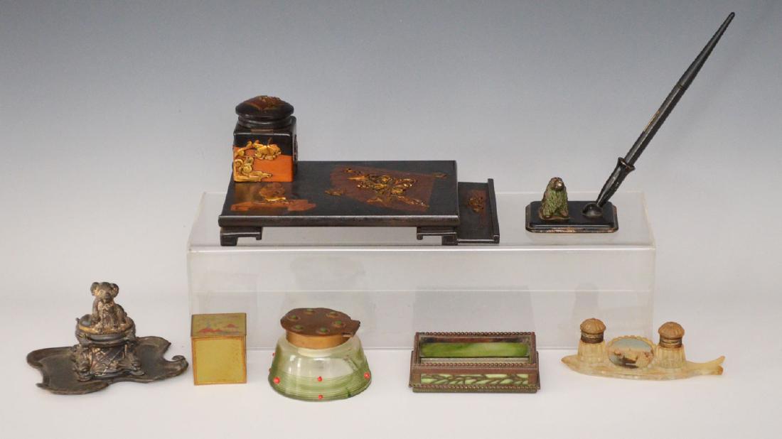 Antique Inkwell Collection (Tiffany Studios, Japanese): Lot includes Japanese inkwell with gilt meatal decoration (9 5/8" x 5 7/8" x 3.75"t, missing 1 small piece of wood on side), arts & crafts copper/enamel and glass inkwell (2.25"t, one enamel dot damag