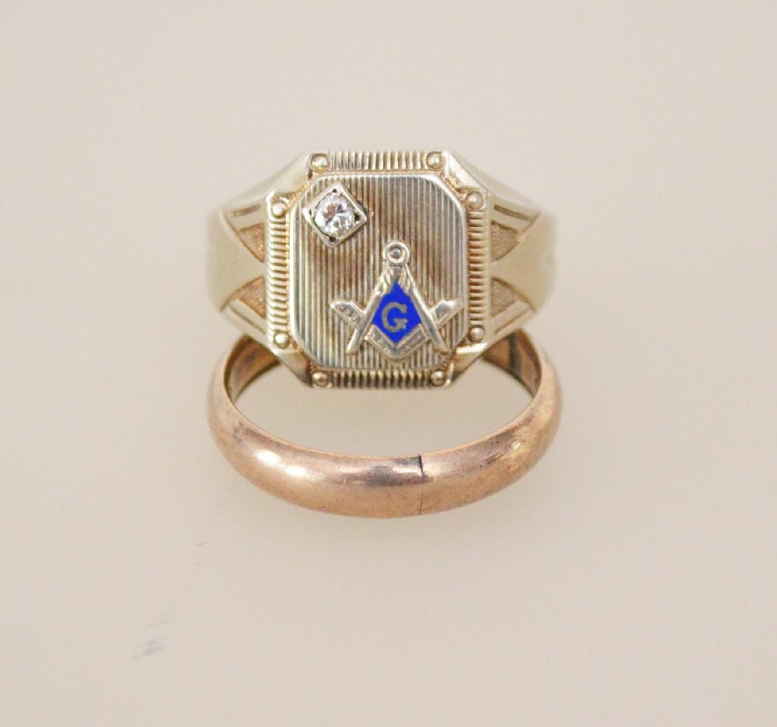 Masonic 14K Gold Ring & Gold Wedding Band: Lot includes: Masonic 14k gold ring with enamel & diamond (approx. size 10) and an assembled band, difficult to test, comes through as 18k with 6k filler (8.75). Gross weight is 9.3dwt