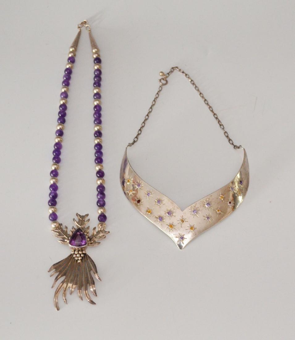 2 Stunning Sterling Necklaces ( Lauher & Escataro): Lot includes amethyst L Secatero collar necklace (22") and a 1979 Ken Lauher "Star Flame" necklace with amethyst, citrine and ruby (approx. 13 7/8" tip to tip of chain)
