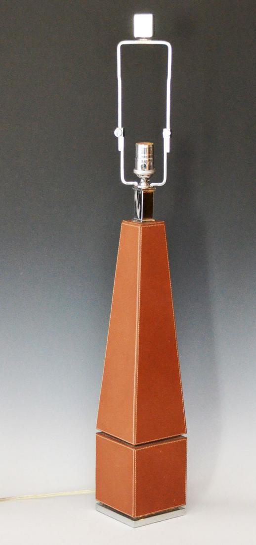 Ralph Lauren Obelisk Stitched Leather Lamp: Measures 36.25" tall (adjustable harp). In estate found condition, some scuffing to leather,