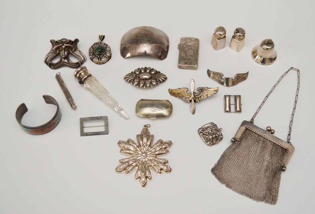 Large Lot of Sterling Silver Jewelry & Accessories: Lot includes: Art Nouveau woman pin, Castillo Taxco pendant w malachite, Native American cuff, change holder, mesh purse, Gorham ornament, salt & peppers shakers, bottle tags, crystal perfume, bell &