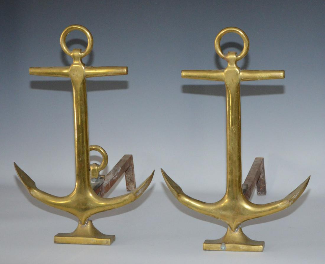 Rare Whimsical Brass Anchor Andirons: They measure 18.25" tall x 12.25" wide x 16.25" deep. In nice overall condition, one is missing a piece directly behind the anchor (round piece)