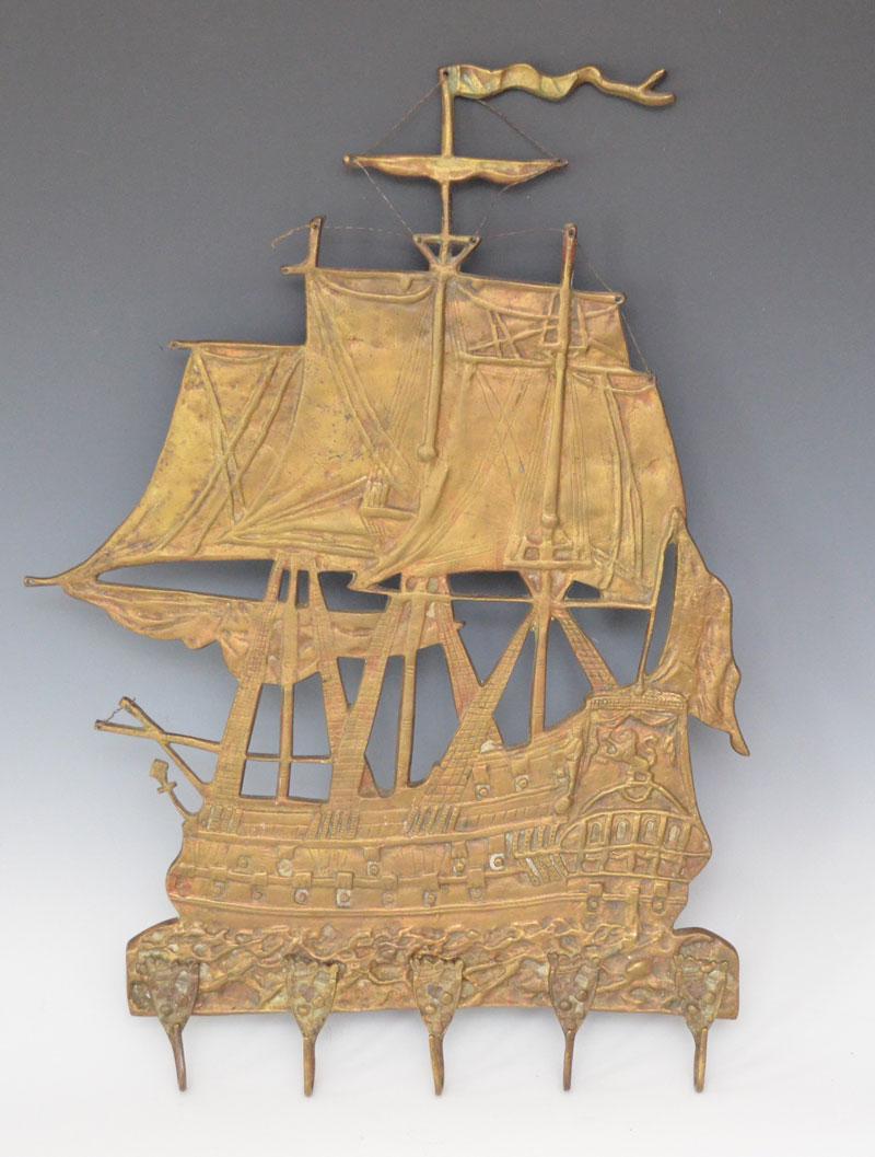 Bronze Ship Hanger Manner of Oscar Bach: Measures 23.5" x 14.25" x 1" deep. Originally had a base, and held fireplace tool, would make a great coat rack.