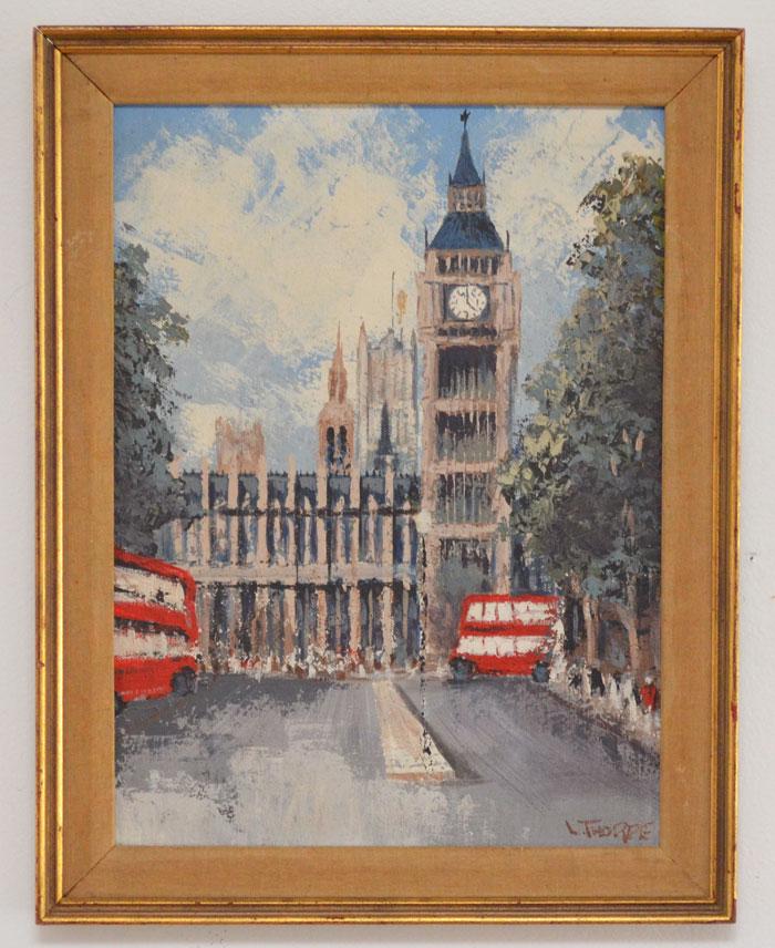 O/B Painting Big Ben London Signed L. Thorpe (Leonard): Frame: 18.5" x 14.5" image sight: 15.5" x 11.25".