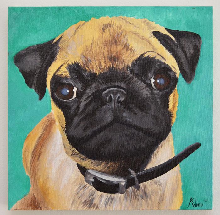 Amanda Ward Painting of a Pug Dog: Measures 12" square.