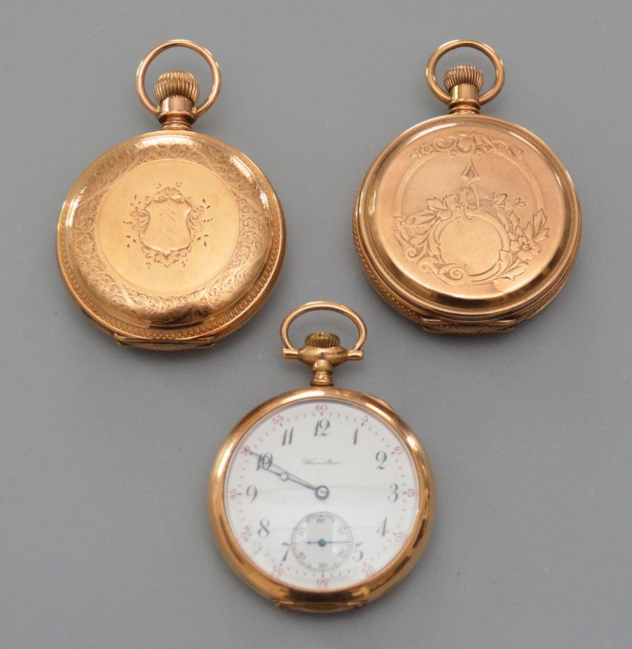 3 Gold Filled Pocket Watches: All are laser tested by a jeweler. Lot includes: Elgin National Watch co hunter case (2"d, will not wind), Elgin hunter case (2"d, will not wind) and Hamilton open face (running, 2").