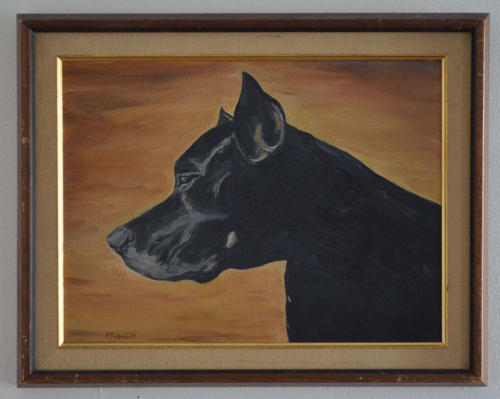 F Schmidt Great Dane Dog O/B: Frame: 15 3/8" x 19 3/8" image sight: 11.5" x 15.5"