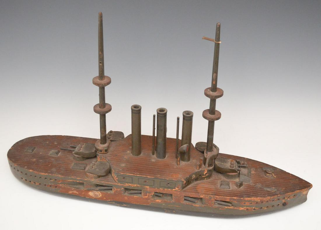 Antique Wooden Folk Art Army Boat: Measures 17" tall x 28.25" long x 6" wide. In estate found condition, has some missing cannons, wear, great piece however!